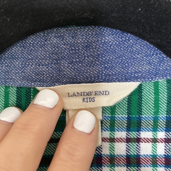 Lands End flannel button down kids boys 10/12 ten twelve green denim plain VGUC - Picture 2 of 5
